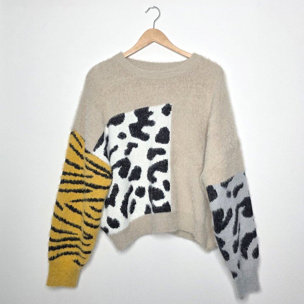 Elan Mixed Animal Print Fuzzy Sweater Leopard Tiger Cheetah Colorblock Knit